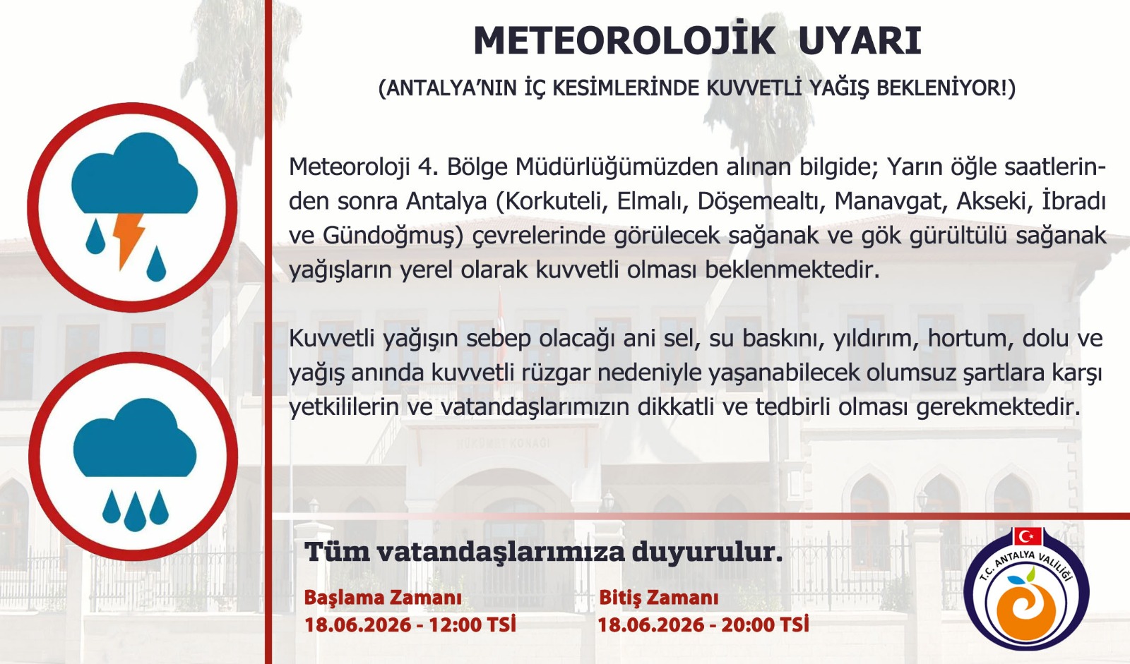 Antalya’nın İç Kesimleri İçin Kuvvetli Yağış Uyarısı
