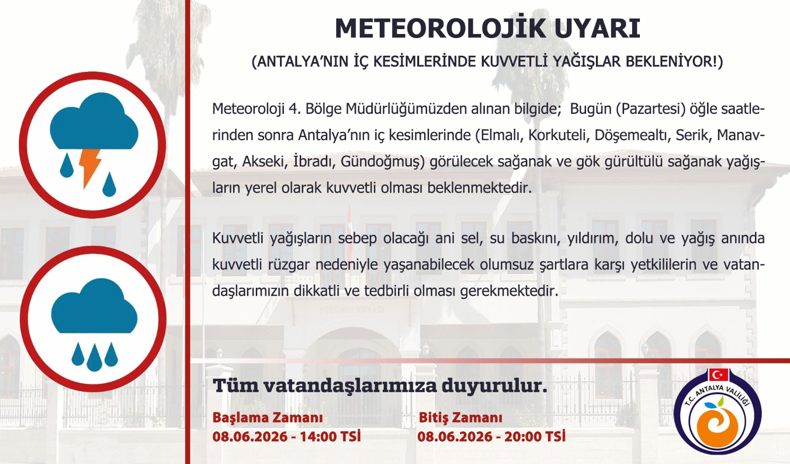 Antalya’nın İç Kesimleri İçin Kuvvetli Yağış Uyarısı