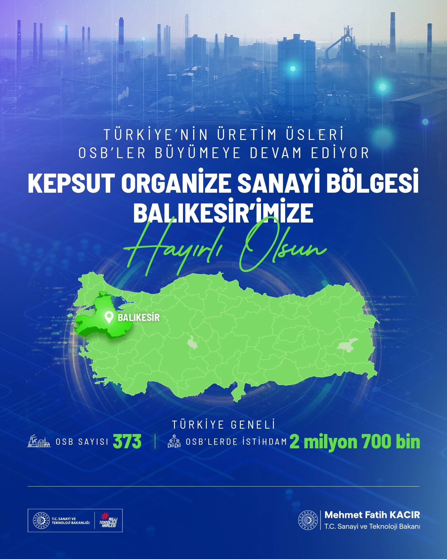 Bakan Kacır Duyurdu: Balıkesir Kepsut OSB Üretime Başladı