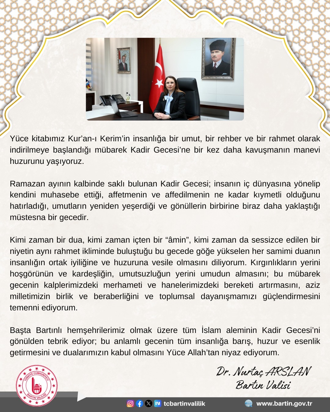 Bartın Valisi Nurtaç Arslan’dan Kadir Gecesi Mesajı