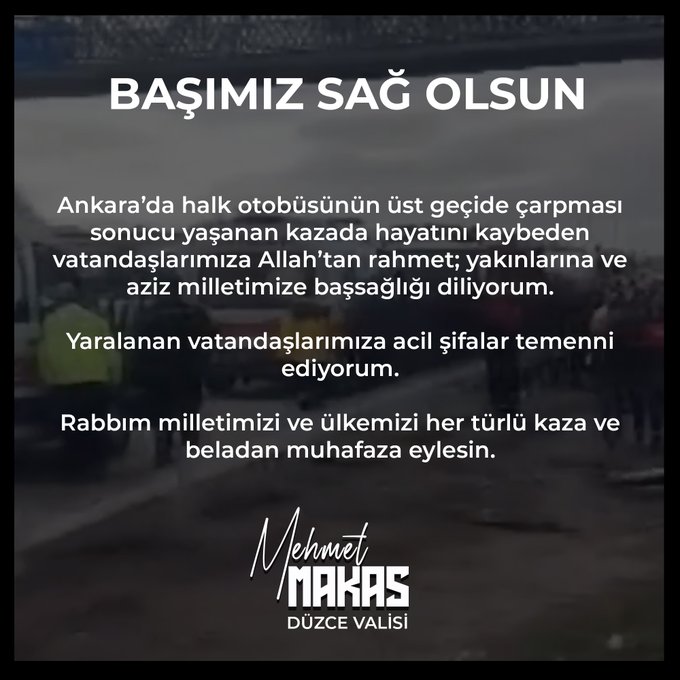 Düzce Valisi Mehmet Makas’tan Ankara’daki Otobüs Kazası İçin Taziye Mesajı