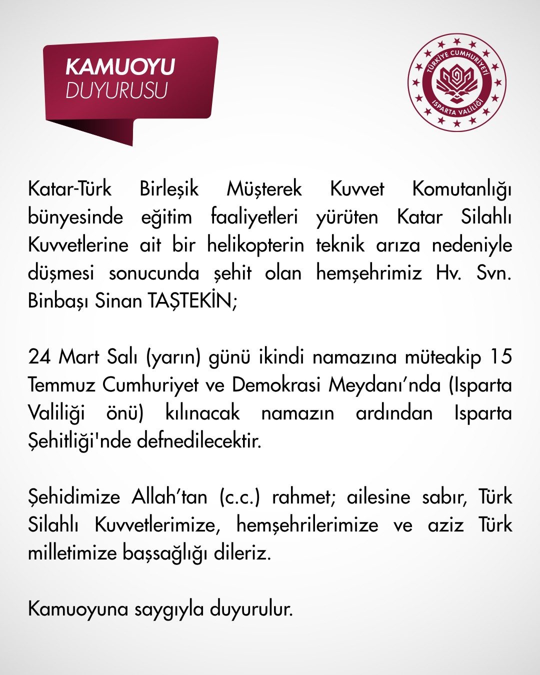 Isparta Şehidini Uğurluyor: Binbaşı Sinan Taştekin Son Yolculuğuna Uğurlanacak