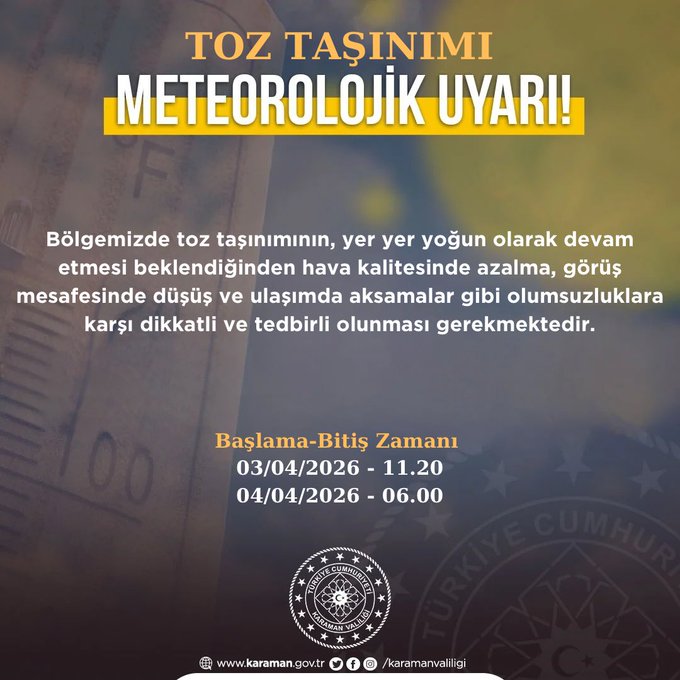 Karaman Valiliği’nden Toz Taşınımı Uyarısı: Görüş Mesafesi ve Hava Kalitesine Dikkat