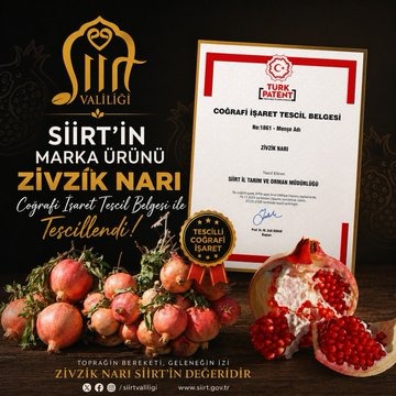 Siirt’in Marka Değeri Zivzik Narı Coğrafi İşaret Tescil Belgesi Aldı